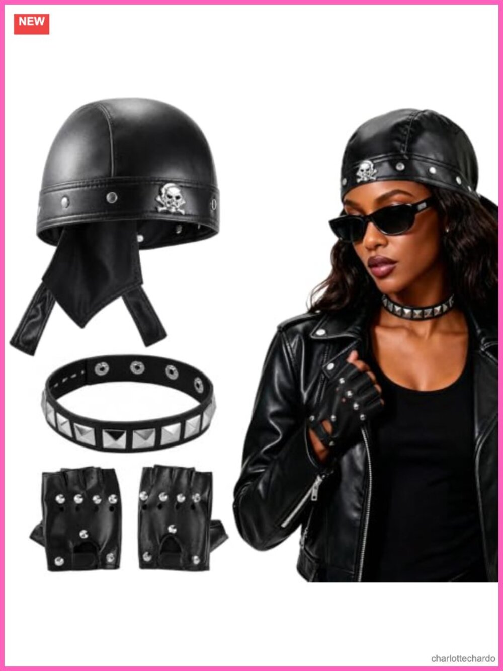 JATEBI 3Pc PU Leather Biker Costume Set Skull Cap Gloves Choker Punk